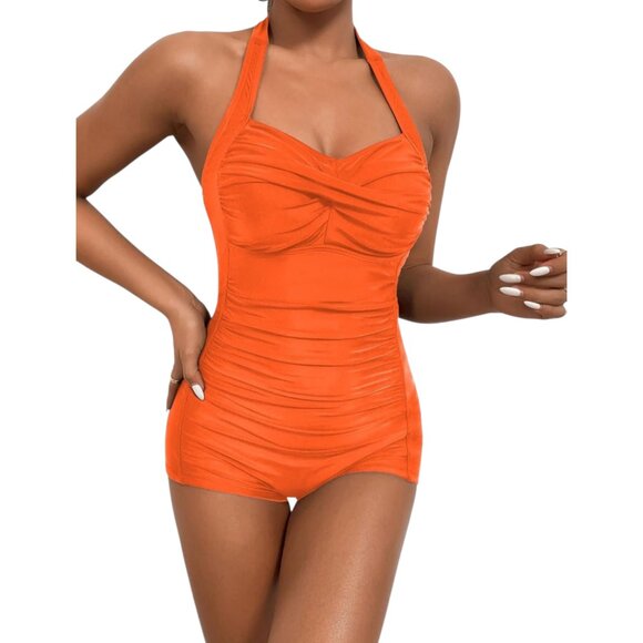 Women's Orange Retro Halter Twist Front One Piece Boy Short Swimsuit Size XL - Picture 1 of 10